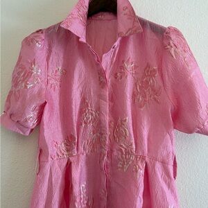 Pink Jacquard Floral Embroidered Collared A-Line Dress Puff Short Sleeve Long L